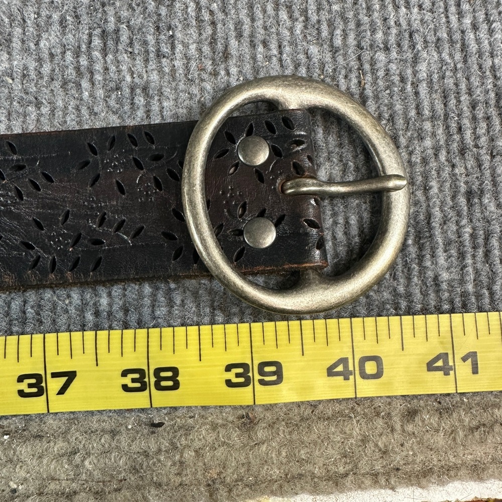 Dark Brown Perforated Floral Leather Belt Round Brass Buckle Boho Wide 40 Inch - Picture 2 of 11